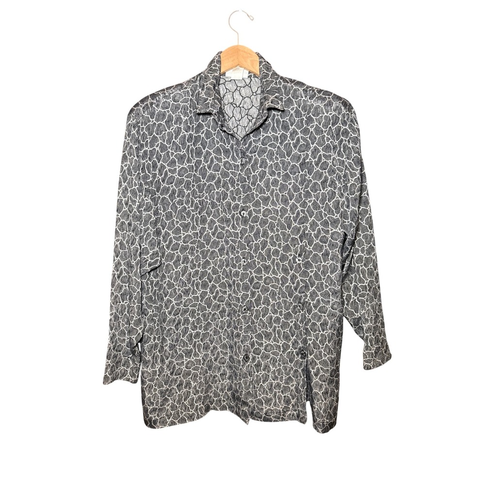 Biya Rated R Collection Grey Abstract Pebble Print Button Down Blouse Small